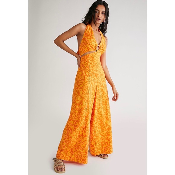 Free People Pants - Free People Kira Orange Abstract Jumpsuit Wide Leg Flare Halter Size Small